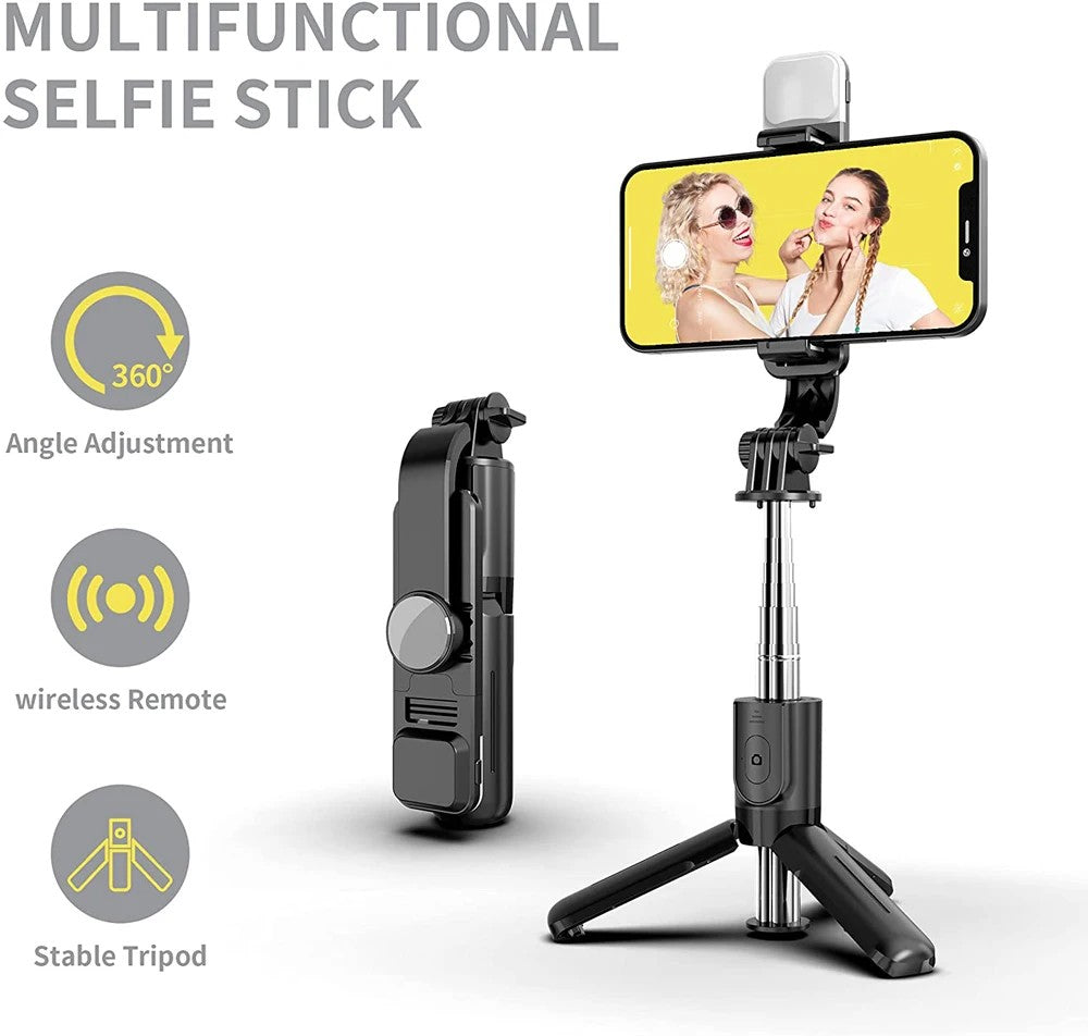 Palo de Selfie Inalámbrico con Trípode, Luz LED y Mando Bluetooth – Profesional, Compacto y Plegable