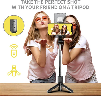 Palo de Selfie Inalámbrico con Trípode, Luz LED y Mando Bluetooth – Profesional, Compacto y Plegable