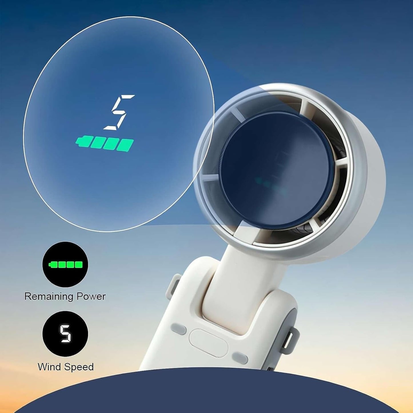 Mini Ventilador Turbo de Mano Plegable con Pantalla LED – 5 Velocidades, 180° Ajustable, Recargable USB Tipo C