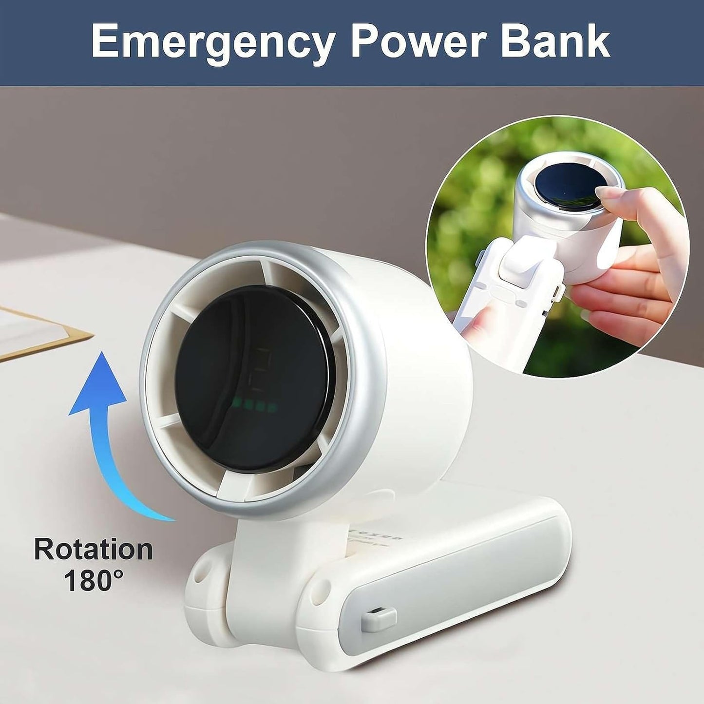 Mini Ventilador Turbo de Mano Plegable con Pantalla LED – 5 Velocidades, 180° Ajustable, Recargable USB Tipo C