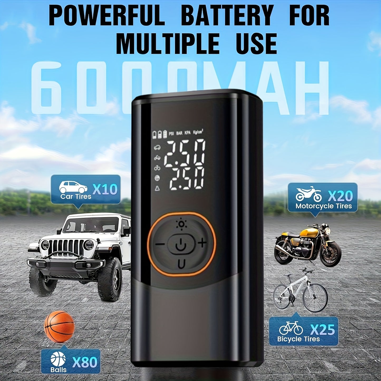 Inflador automático con bateria recargable, luz LED