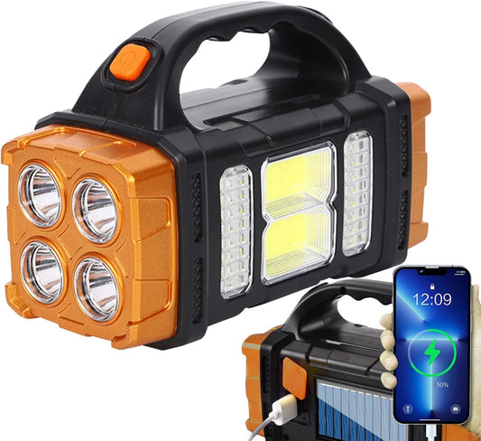 Foco LED Solar Recargable – Linterna de Camping con 4 Modos de Luz, Impermeable IP44, Gran Angular, USB y Solar