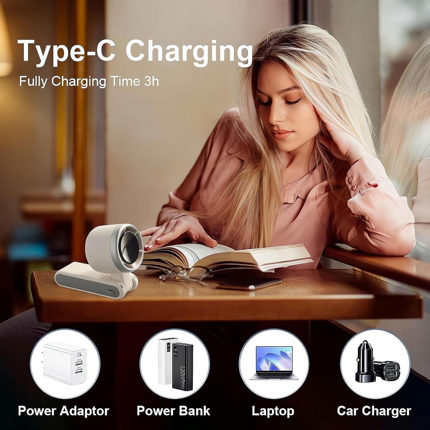 Mini Ventilador Turbo de Mano Plegable con Pantalla LED – 5 Velocidades, 180° Ajustable, Recargable USB Tipo C