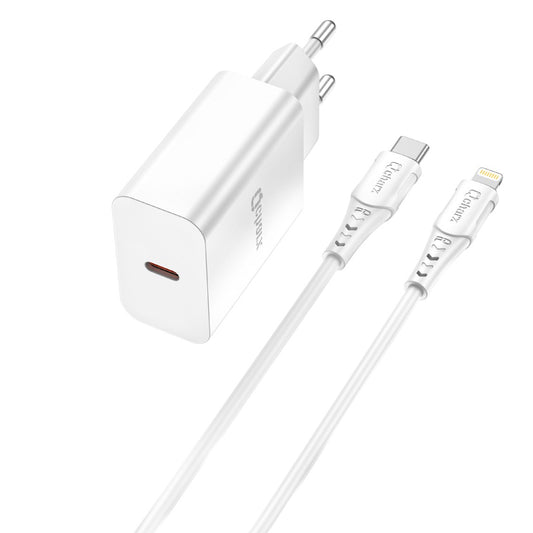 Kit cargador qcharx chronos 3a 20w + cable tipo c a lightning blanco