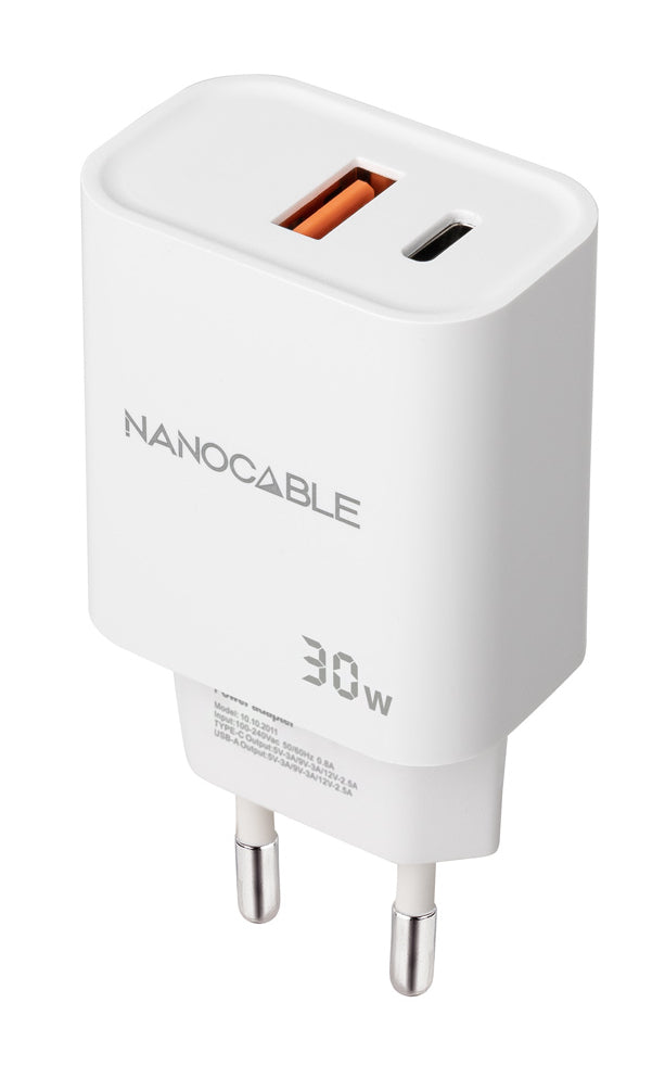 Cargador nanocable usb - c - pd + usb - a - qc 30w blanco